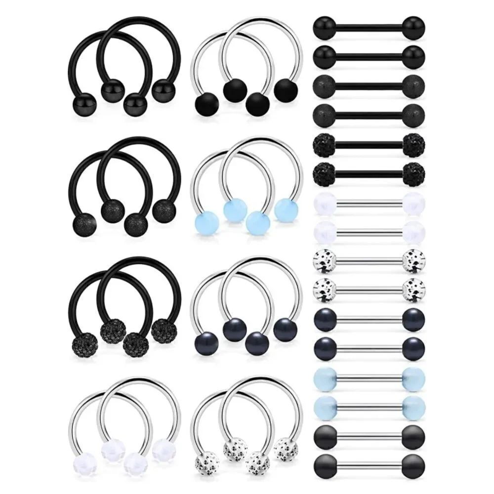 14G 316L Black and Silver Horseshoe & Barbell Nipple Rings - 16 Sets